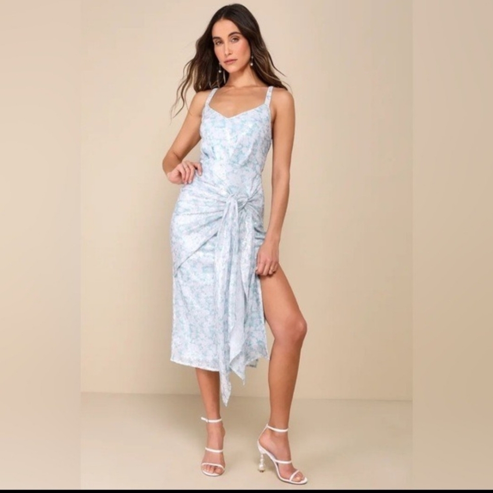 Glistening Beauty Light Blue Floral Sequin Tie-Front Midi DressLulus